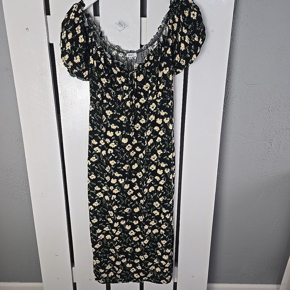 AUW Babydoll Floral Midi‎ Dress XL Black Yellow Puff Sleeve Cottagecore Grunge